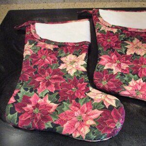 Set of 2 Vintage Matching Quilted Poinsettias Christmas Stockings with Hangers